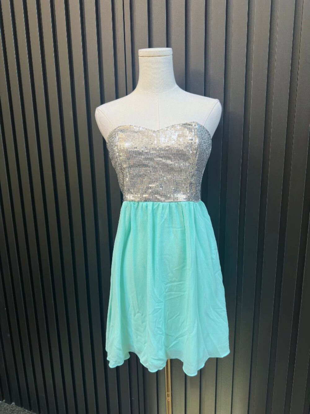 Silver Sequin Sweetheart Strapless Mint Green Skirt Mini Dress